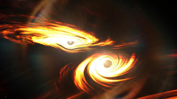 Une impression d'artiste de trous noirs binaires sur le point d'entrer en collision. Crédit image : Mark Myers, Centre d'excellence ARC pour la découverte des ondes gravitationnelles (OzGrav), Université nationale australienne.