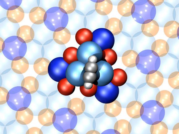 Le plus petit moteur moléculaire du monde est constitué d'un seul rotor d'acétylène ancré à un amas atomique chiral fourni par une surface de palladium-gallium qui fait office de stator. Crédit image : Empa.