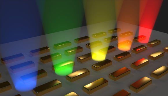 La longueur d'onde de la lumière émise augmente, c'est-à-dire que l'énergie diminue, le long du réseau de nanorods d'or ; un condensat de Bose-Einstein se forme lorsqu'un minimum d'énergie du réseau est atteint. Crédit image : Tommi Hakala & ; Antti Paraoanu, Université d'Aalto.