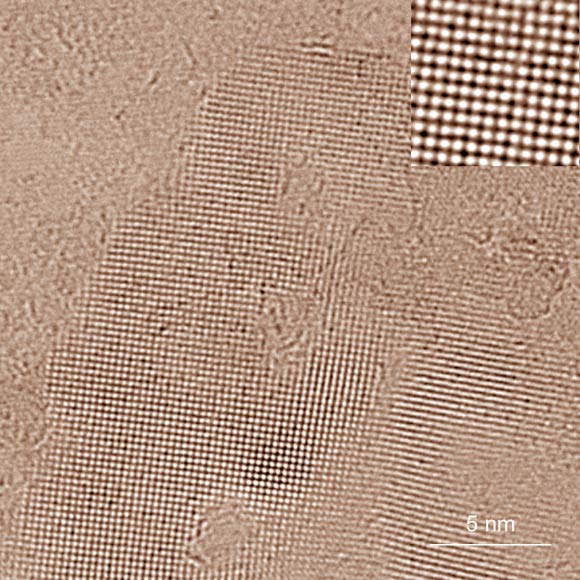 Glace carrée entre deux feuilles de graphène, vue au microscope électronique à transmission (MET) ; les taches sombres à fort contraste sont des atomes d'oxygène qui indiquent la position des molécules d'eau ; les atomes d'hydrogène présentent un contraste trop faible pour être résolus même par le MET. L'encart en haut à droite montre une image agrandie d'une petite zone au centre du cristal de glace. Crédit image : Université d'Ulm.