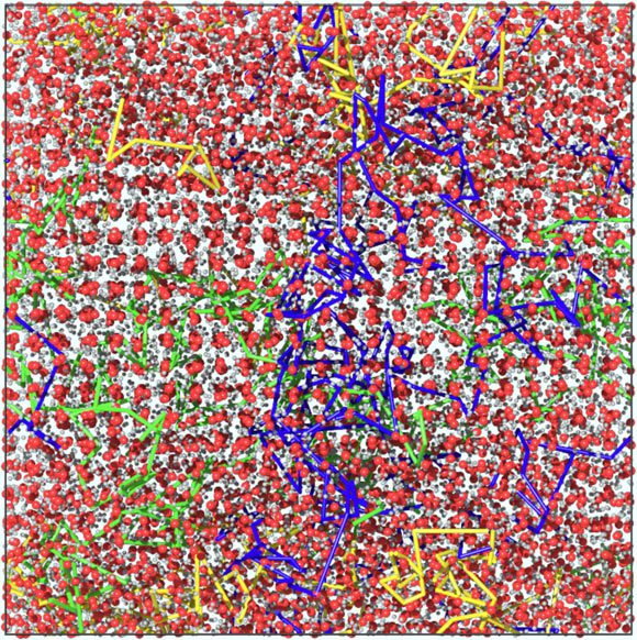 Les atomes d'hydrogène diffusent facilement entre la phase superionique et la phase liquide. L'interface superionique liquide-fcc d'un système d'eau avec 20 736 atomes à 100 GPa et 3 250 K (sur la courbe de fusion) est représentée. Les atomes d'oxygène sont en rouge et les atomes d'hydrogène en blanc. Les lignes jaune, verte et bleue montrent les trajectoires de trois atomes d'hydrogène pendant une simulation de dynamique moléculaire de 75 ps. Crédit image : Cheng et al, doi : 10.1038/s41567-021-01334-9.
