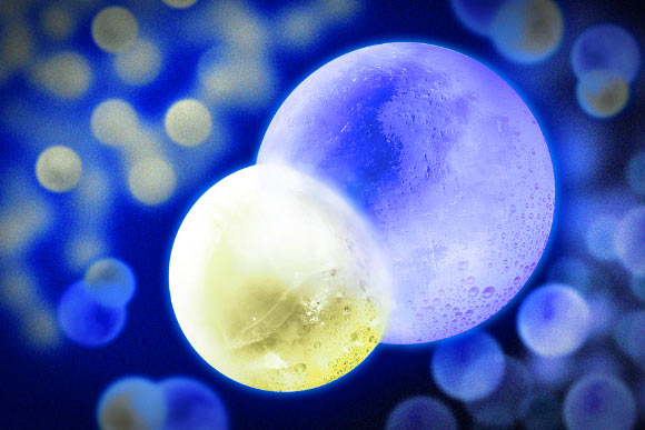 Dans cette illustration d'artiste, la molécule de sodium-potassium est représentée par des sphères de glace fusionnées : la plus petite sphère à gauche représente un atome de sodium, et la plus grande sphère à droite est un atome de potassium. Crédit image : Jose-Luis Olivares / MIT.