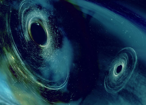 Une conception d'artiste montre deux trous noirs en fusion similaires à ceux détectés par LIGO. Les trous noirs tournent de manière non alignée, ce qui signifie qu'ils ont des orientations différentes par rapport au mouvement orbital global de la paire. LIGO a trouvé des indices qu'au moins un trou noir dans le système GW170104 était non-aligné avec son mouvement orbital avant de fusionner avec son partenaire. Crédit image : LIGO / Caltech / MIT / Sonoma State / Aurore Simonnet.