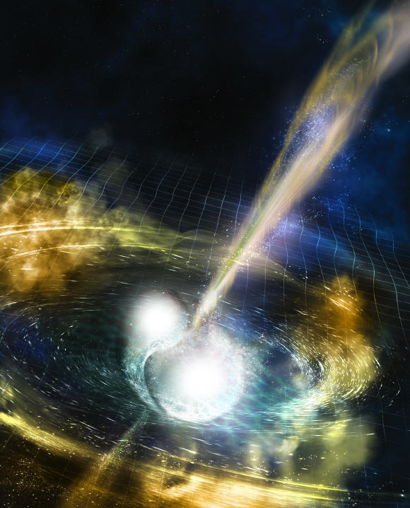 Illustration d'artiste de deux étoiles à neutrons en fusion. Crédit image : NSF / LIGO / Sonoma State University / A. Simonnet.
