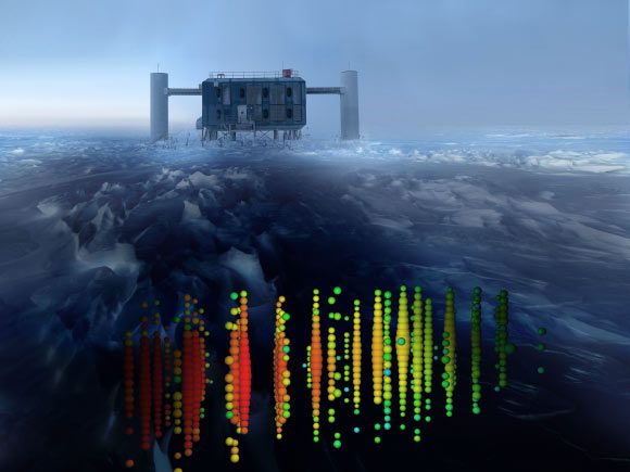 Cette image montre une représentation visuelle de l'une des détections de neutrinos de plus haute énergie superposée à une vue de l'observatoire IceCube au pôle Sud. Crédit image : Collaboration IceCube.