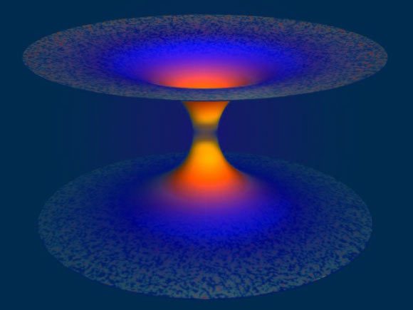 Représentation artistique des effets de la gravité quantique à boucles dans un trou noir. La moitié inférieure de l'image représente le trou noir qui, selon la relativité générale, piège tout, y compris la lumière. La gravité quantique à boucles surmonte cette énorme attraction et libère tout ce qui est montré dans la moitié supérieure de l'image, résolvant ainsi le problème fondamental de la singularité du trou noir. Crédit image : A. Corichi & ; J.P. Ruiz.