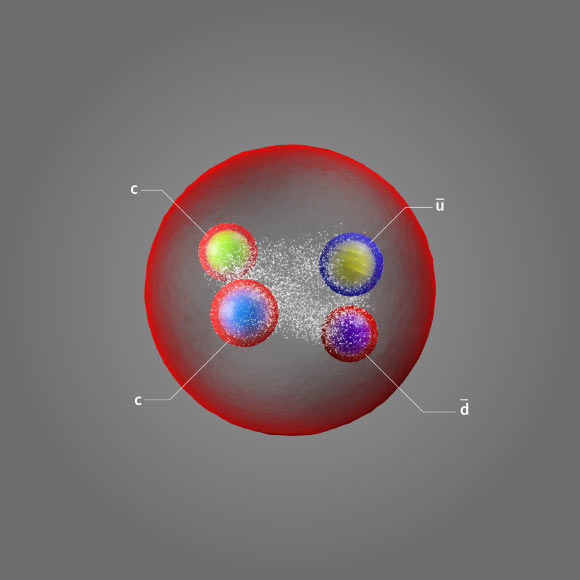 Impression d'artiste de Tcc+, un tétraquark composé de deux quarks charmants et d'un antiquark haut et bas. Crédit image : CERN.
