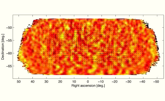Les minuscules fluctuations de température du fond diffus cosmologique, représentées ici en couleur, retracent les fluctuations de densité primordiales dans l'univers primitif, qui sont à l'origine de la croissance ultérieure des galaxies. On s'attend à ce que les ondes gravitationnelles provenant de l'inflation produisent un modèle beaucoup plus faible qui comprend une polarisation en mode B torsadé, ce qui correspond au modèle de polarisation en mode B observé par BICEP2, représenté ici par des lignes noires. Les segments de ligne montrent l'intensité et l'orientation de la polarisation à différents endroits du ciel. Crédit image : Collaboration BICEP2.