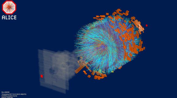 Un événement de la première collision xénon-xénon au Grand collisionneur de hadrons à 5,44 TeV enregistré par ALICE ; une piste colorée (bleue) correspond à la trajectoire d'une particule chargée produite dans une seule collision. Crédit image : Collaboration ALICE.