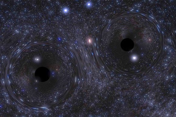 Un instantané d'une simulation montrant un trou noir binaire formé au centre d'un amas globulaire. Crédit image : Northwestern Visualization / Carl Rodriguez.