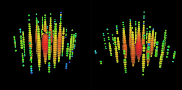 Les deux événements observés en août 2011, à gauche, et en janvier 2012, à droite. Chaque sphère représente un module optique numérique ; les couleurs représentent les temps d'arrivée des photons, le rouge indiquant les temps précoces et le bleu les temps tardifs ; la taille des sphères est une mesure du nombre de photoélectrons enregistrés (collaboration IceCube).