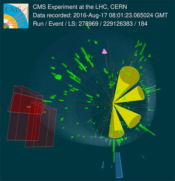 La signature classique d'une paire de quarks supérieurs produite dans des collisions LHC est constituée de quatre jets (cônes jaunes), d'un muon (ligne rouge, également détecté par les détecteurs de muons CMS sous forme de boîtes rouges) et de l'énergie manquante d'un neutrino (flèche rose). Crédit image : CERN.