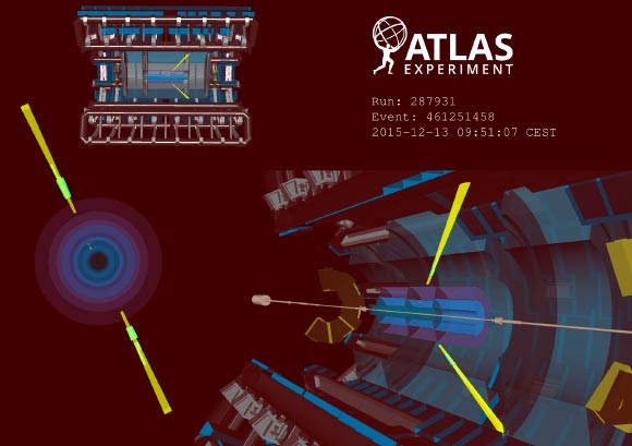 Un événement candidat de la diffusion de la lumière par la lumière, un processus très rare dans lequel deux photons interagissent et changent de direction, mesuré dans le détecteur ATLAS. Crédit image : CERN.