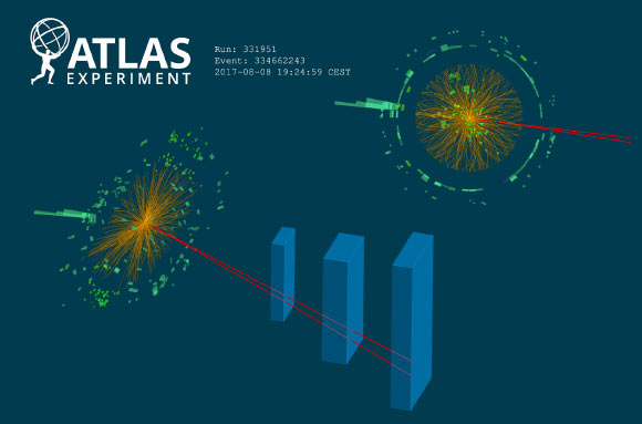 Candidats au boson de Higgs se désintégrant en une paire de dileptons et un photon. Crédit image : Collaboration ATLAS / CERN.
