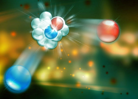 Le proton est une particule subatomique présente dans le noyau de chaque atome. Cette impression d'artiste montre un proton et un neutron. Crédit image : Joanna Griffin / Jefferson Lab / Penn State.