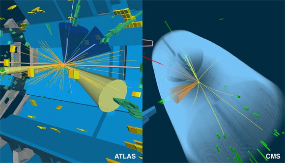 Événements candidats d'ATLAS (à gauche) et de CMS (à droite) pour un boson de Higgs se désintégrant en une paire de leptons tau. Crédit image : CERN.