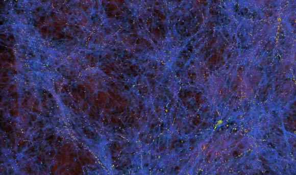 Une simulation de la structure à grande échelle de l'Univers avec les filaments de matière noire en bleu et les lieux de formation des galaxies en jaune. Crédit image : Zarija Lukic / Lawrence Berkeley National Laboratory.