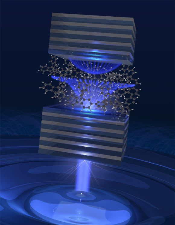 Schéma de la microcavité organique utilisée pour observer le mouvement superfluide. Crédit image : Polytechnique Montréal.