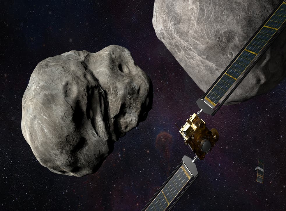 Illustration d'artiste de la mission DART (Double Asteroid Redirection Test) de la Nasa qui se rapproche de l'astéroïde Dimorphos ;