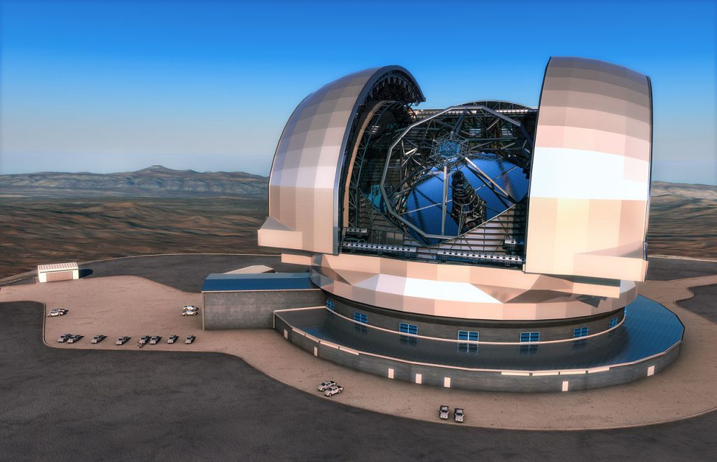 Cette vue d'artiste montre l'European Extremely Large Telescope (E-ELT) dans son enceinte. L'E-ELT sera un télescope optique et infrarouge d'une ouverture de 39 mètres. ESO/L. Calçada 