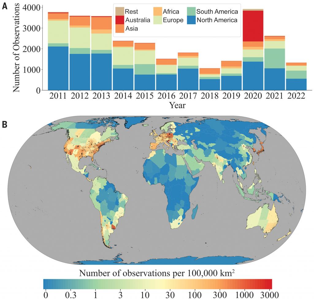 Ce chiffre de l'étude montre où les observations des scientifiques citoyens ont été réparties dans le monde. A montre le nombre d'observations par année et par continent, et B montre la distribution spatiale de toutes les années combinées. Crédit d'image : Kyba et al. 2023. 