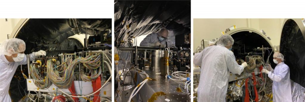 Ces images montrent MSWC en cours de test au banc d'essai d'imagerie à contraste élevé (HCIT) du Jet Propulsion Laboratory de la NASA. Les membres de l'équipe MSWC Eduardo Bendek, Ruslan Belikov, Dan Sirbu et David Marx sont représentés de gauche à droite. Crédit image : NASA.