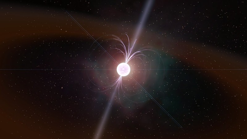 Vue d'artiste d'une étoile à neutrons montrant un schéma de son champ magnétique et d'éventuels jets de matière s'échappant des pôles. Dans le système Scorpius X-1, l'étoile à neutrons est associée à une étoile de faible masse. La matière s'échappe de la plus petite étoile à la surface de l'étoile à neutrons. les irrégularités de la surface de l'étoile à neutrons peuvent jouer un rôle dans la création d'ondes gravitationnelles. Crédit : Kevin Gill, Attribution 2.0 Générique (CC BY 2.0)