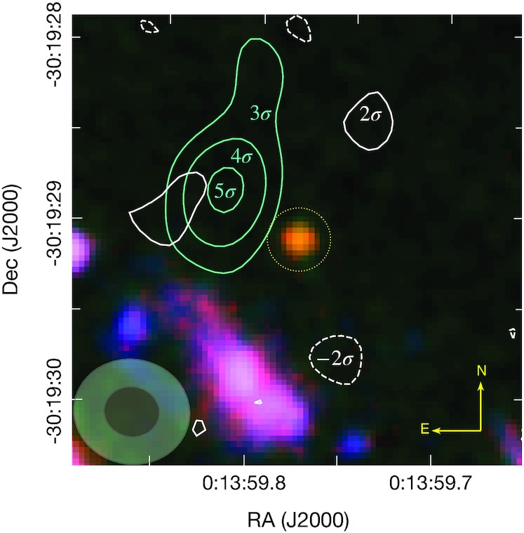 Cette figure de l'étude montre comment la ligne d'émission d'oxygène (O III) (contours verts) est décalée de la source lumineuse détectée par le JWST (flou orange à l'intérieur de la ligne pointillée jaune.) Crédit d'image : Bakx et al. 2023.