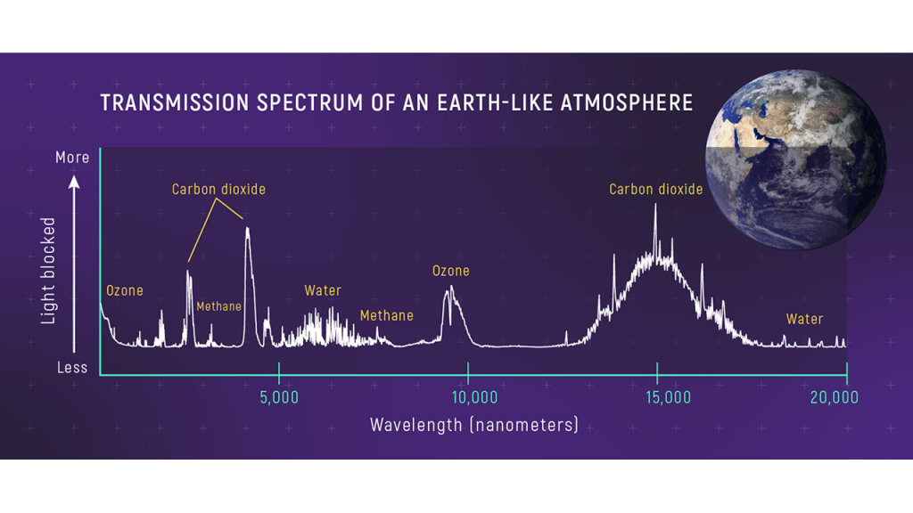 Cette image montre le spectre de transmission d'une atmosphère semblable à la Terre. Il montre les longueurs d'onde de la lumière solaire absorbées par des molécules telles que l'ozone (O3), l'eau (H2O), le dioxyde de carbone (CO2) et le méthane (CH4). Détecter ces quatre éléments pourrait être un slam dunk que la vie est là. Crédit image : NASA, ESA, Leah Hustak (STScI)