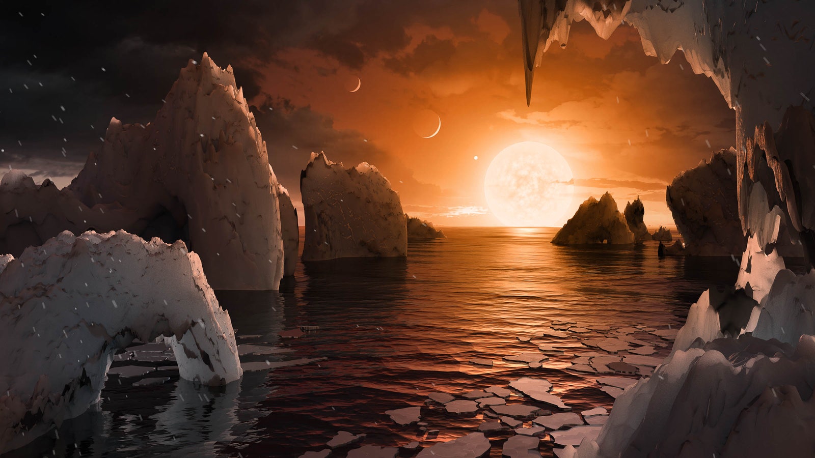 Illustration d'une planète de couleur orange, récemment découverte, avec de l'eau et des roches déchiquetées.