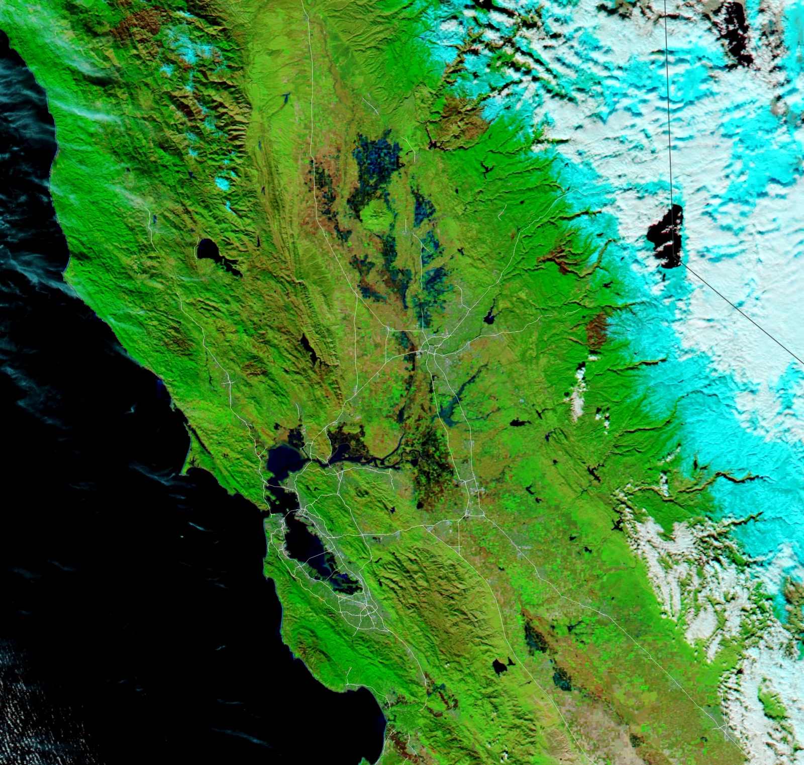 Une image satellite en fausses couleurs montre les inondations causées par un événement de pluie de rivière atmosphérique qui a frappé la Californie autour du jour de l'an.