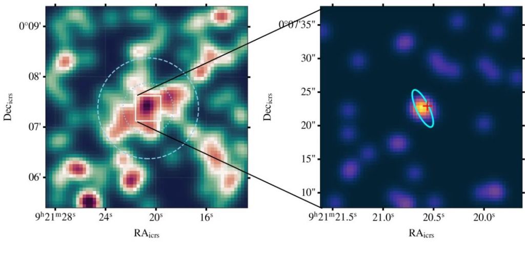 Découpes d'images radiographiques dans la région de J0921 + 0007. L'image eROSITA/eFEDS est à gauche, l'image Chandra haute résolution est à droite. Crédit d'image : MPE