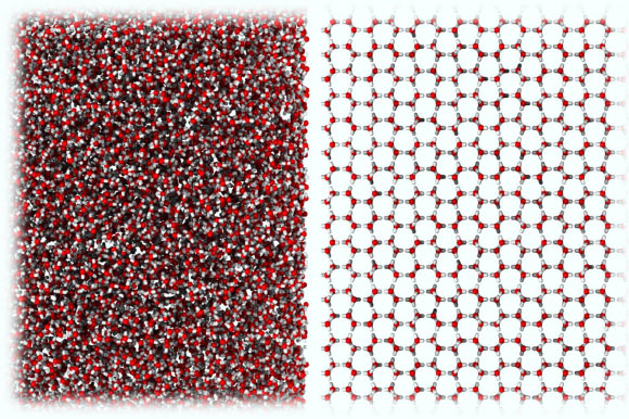 Une nouvelle forme de glace dont la structure moléculaire est très similaire à celle de l'eau liquide (à gauche), par rapport à la glace cristalline ordinaire (à droite). Crédit image : Rosu-Finsen et al., doi : 10.1126/science.abq2105.