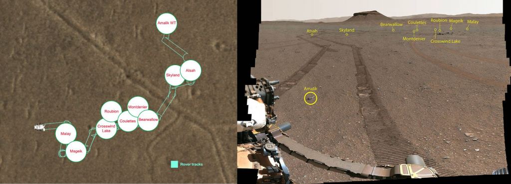 Deux images différentes du dépôt d'échantillons. Perseverance Mars de la NASA a largué chacun de ses 10 échantillons à un endroit surnommé "Trois fourchettes" dans le cratère de Jezero. Sur la gauche se trouve une image orbitale du dépôt. Le centre de chaque cercle est l'endroit où cet échantillon a été déployé, et le texte rouge dans ce cercle indique le nom de l'échantillon tel qu'il a été désigné par l'équipe scientifique de Persévérance. Sur la droite se trouve une image de Persévérance, montrant chaque échantillon dans un cercle jaune étiqueté. Crédit d'image : NASA/JPL-Caltech