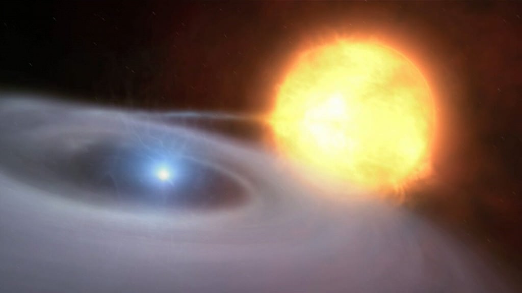 Illustration d'une naine blanche se nourrissant de son étoile compagne. Cela entraînera une explosion de supernova qui peut créer des éléments plus lourds. Crédit : ESO / M. Kornmesser