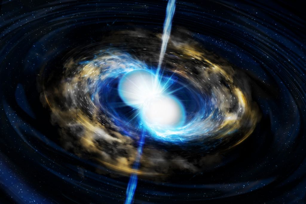 Vue d'artiste d'une fusion d'étoiles à neutrons. Ce processus crée également des éléments lourds. Crédit : Université du Tohoku