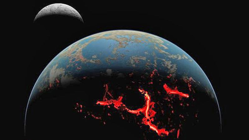 Représentation d'artiste de la première lune et de la Terre, qui a subi de nombreux impacts d'astéroïdes. Beaucoup de ces astéroïdes ont apporté leur eau à la Terre naissante. En refroidissant, l'eau s'est dégazée sous forme de vapeur et a plu à la surface. Crédit : Simone Marchi (SwRI)/SSERVI/NASA