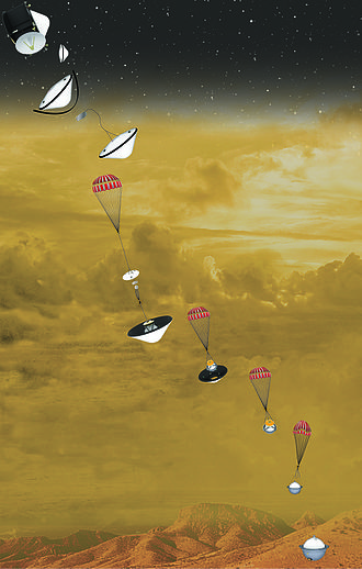 Cette illustration montre la sonde atmosphérique de DAVINCI+ descendant dans l'atmosphère de Vénus. La sonde aidera les scientifiques à comprendre les liens entre la surface de Vénus et son atmosphère, ce qui pourrait éclairer l'histoire de la planète et son ancienne habitabilité potentielle. Crédit d'image : NASA/GSFC - NASA/GSFC, http://science.gsfc.nasa.gov/690/photos.html, domaine public, https://commons.wikimedia.org/w/index.php?curid= 47317724