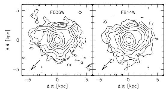 Cette figure issue de la recherche montre la morphologie de la galaxie dans F606W et F814W (filtres Hubble). La flèche indique la direction de la caractéristique linéaire. La galaxie est compacte et présente des caractéristiques irrégulières, indiquant peut-être une fusion récente et/ou une connexion à la caractéristique linéaire. Crédit d'image : van Dokkum et al. 2023