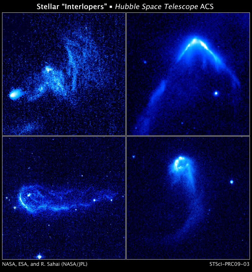Ces images de Hubble montrent quatre étoiles en fuite créant des motifs lumineux dans le gaz alors qu'elles traversent l'espace interstellaire. Crédit d'image : par la NASA - Caméra avancée de Hubble pour les enquêtes - http://hubblesite.org/newscenter/archive/releases/2009/03/image/a/, domaine public, https://commons.wikimedia.org/w/ index.php?curid=5668638