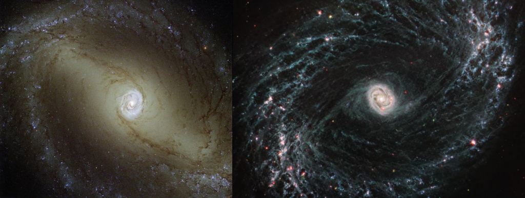 La galaxie spirale NGC 1433, photographiée par Hubble (à gauche) et le JWST (à droite.) Crédits image : (L) NASA/ESA/Hubble. (R) NASA/ESA/CSA/JWST