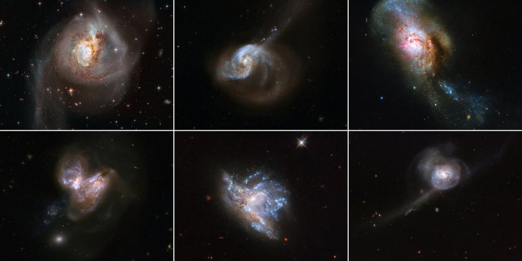 Hubble a imagé de nombreuses galaxies en fusion au fil des ans. Les fusions de galaxies sont des événements spectaculaires qui déclenchent une formation abondante d'étoiles. En haut à gauche : NGC 3256 Crédit : ESA/Hubble, NASA En haut Au milieu : NGC 1614 Crédit : NASA, ESA, Hubble Heritage Team (STScI/AURA)-ESA/Hubble Collaboration et A. Evans (University of Virginia, Charlottesville/NRAO/ Stony Brook University) En haut à droite : NGC 4194, également connue sous le nom de fusion Medusa. Crédit : ESA/Hubble & NASA, A. Adamo En bas à gauche : NGC 3690 se compose d'une paire de galaxies, appelées IC 694 et NGC 3690, qui ont effectué un passage rapproché il y a environ 700 millions d'années. En bas au milieu : NGC 6052 Crédit image : ESA/Hubble & NASA, A. Adamo et al. En bas à droite : NGC 34 Crédit image : ESA/Hubble & NASA, A. Adamo et al.