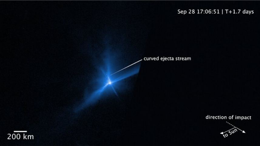 Quelques heures après l'impact, la gravité commence à déformer le flux d'éjecta. Crédit image : NASA, ESA, STScI, J. Li (PSI)