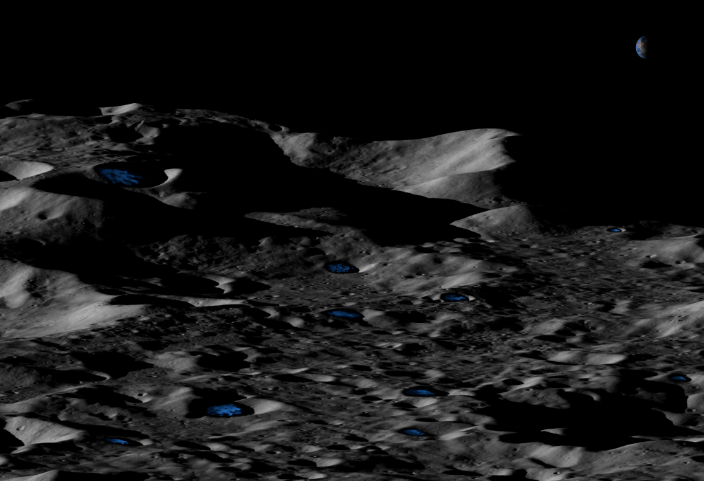 Illustration conceptuelle de cratères glacés peu profonds et ombragés en permanence près du pôle sud lunaire. Certaines régions dans des cratères plus profonds sont dans l'obscurité perpétuelle. Crédits : UCLA/NASA