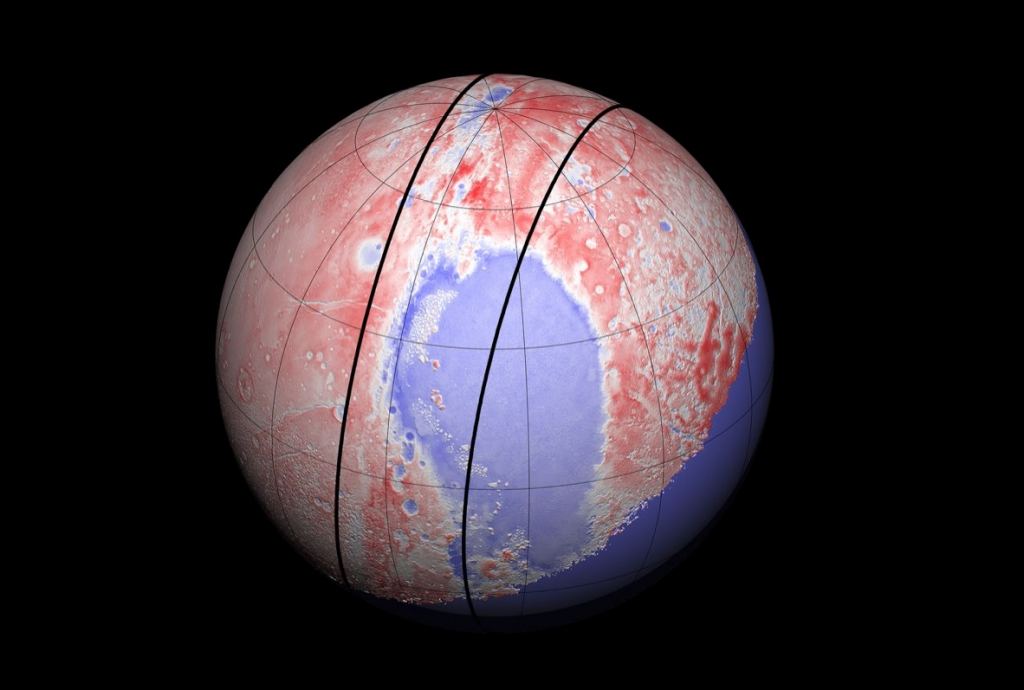 Une image en fausses couleurs réalisée à partir de données fournies par New Horizons montre un système de crête-creux sur Pluton qui aurait pu être l'équateur d'origine de Pluton avant que les pôles ne commencent à errer. Crédit : James Tuttle Keane (JPL/Caltech)/NASA/JHUAPL/SwRI