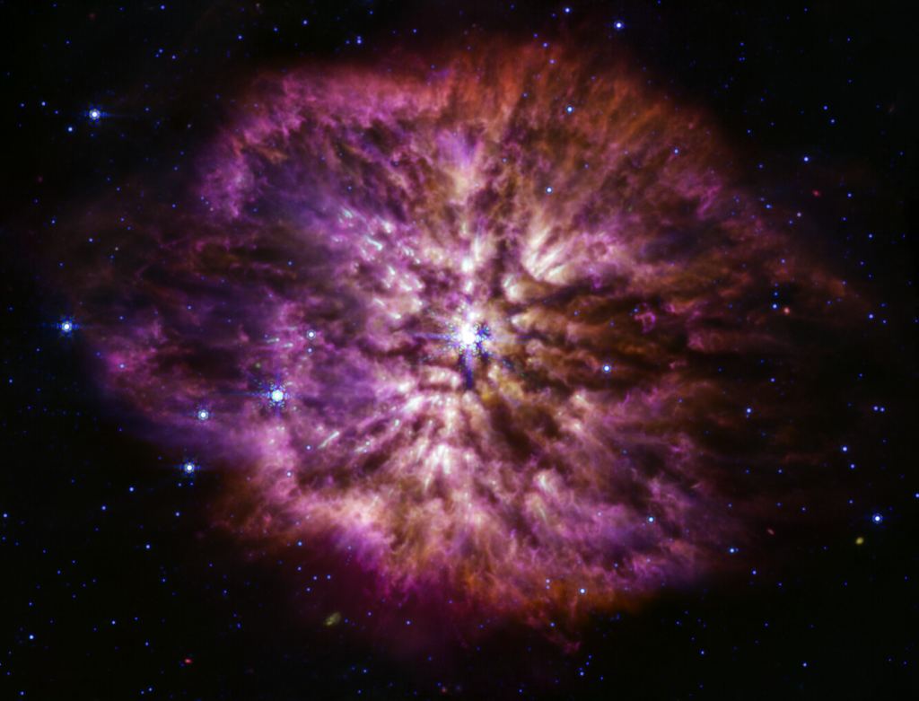 Les étoiles Wolf-Rayet sont connues pour être des producteurs efficaces de poussières, en particulier de molécules à base de carbone. Avec l'aimable autorisation : Instrument à infrarouge moyen (MIRI) sur le télescope spatial James Webb. 
