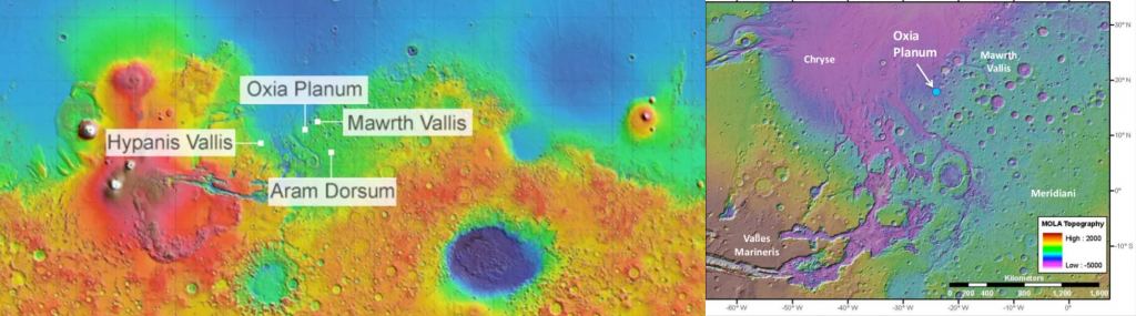Ces deux images montrent le site d'atterrissage d'Oxia Planum sur Mars. L'image de gauche montre les quatre sites envisagés avant que l'ESA ne s'installe sur Oxia Planum. L'image de droite montre Oxia Planum dans plus de contexte. Crédit image : NASA/ESA