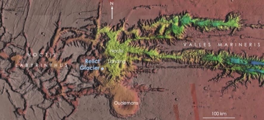 Cette image de la recherche montre la région officieusement nommée Noctis Landing et le glacier Relic. Crédit d'image : Lee et al. 2023