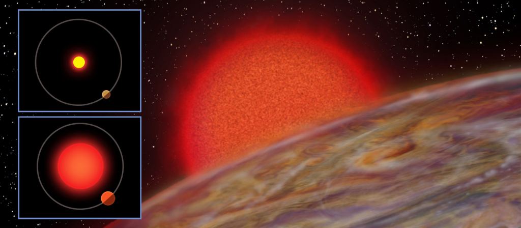 Les planètes gazeuses sont connues pour gonfler lorsque leurs étoiles quittent la séquence principale et irradier leurs planètes plus puissamment. Cette illustration montre l'exoplanète K2-132b. Le coin supérieur gauche montre la planète pendant la durée de vie de la séquence principale de l'étoile, et le panneau inférieur gauche montre comment la planète s'est développée lorsque l'étoile a quitté la séquence principale. Crédit d'image : Karen Teramura, Institut d'astronomie de l'Université d'Hawaï.