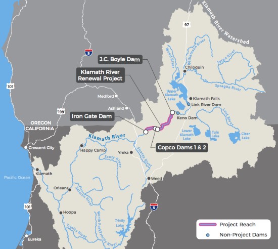 Carte du bassin de Klamath et projet de suppression du barrage